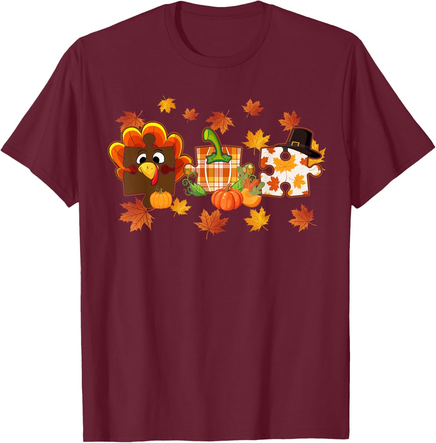 Cute Turkey Autism Awareness Puzzle Pumpkin for Thanksgiving T-Shirt - T-Shirt | Maroon