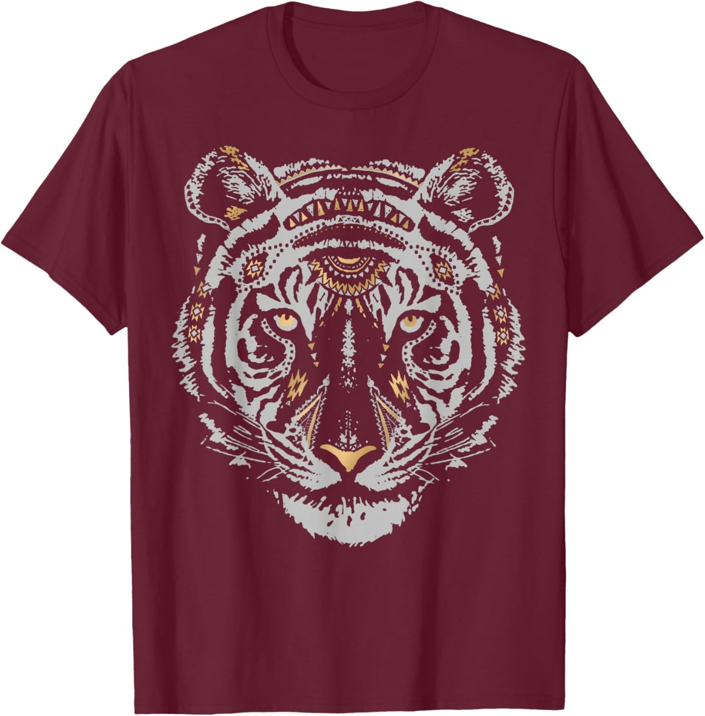 Tribal Tiger Head With Gold Flakes T-Shirt - T-Shirt | Maroon