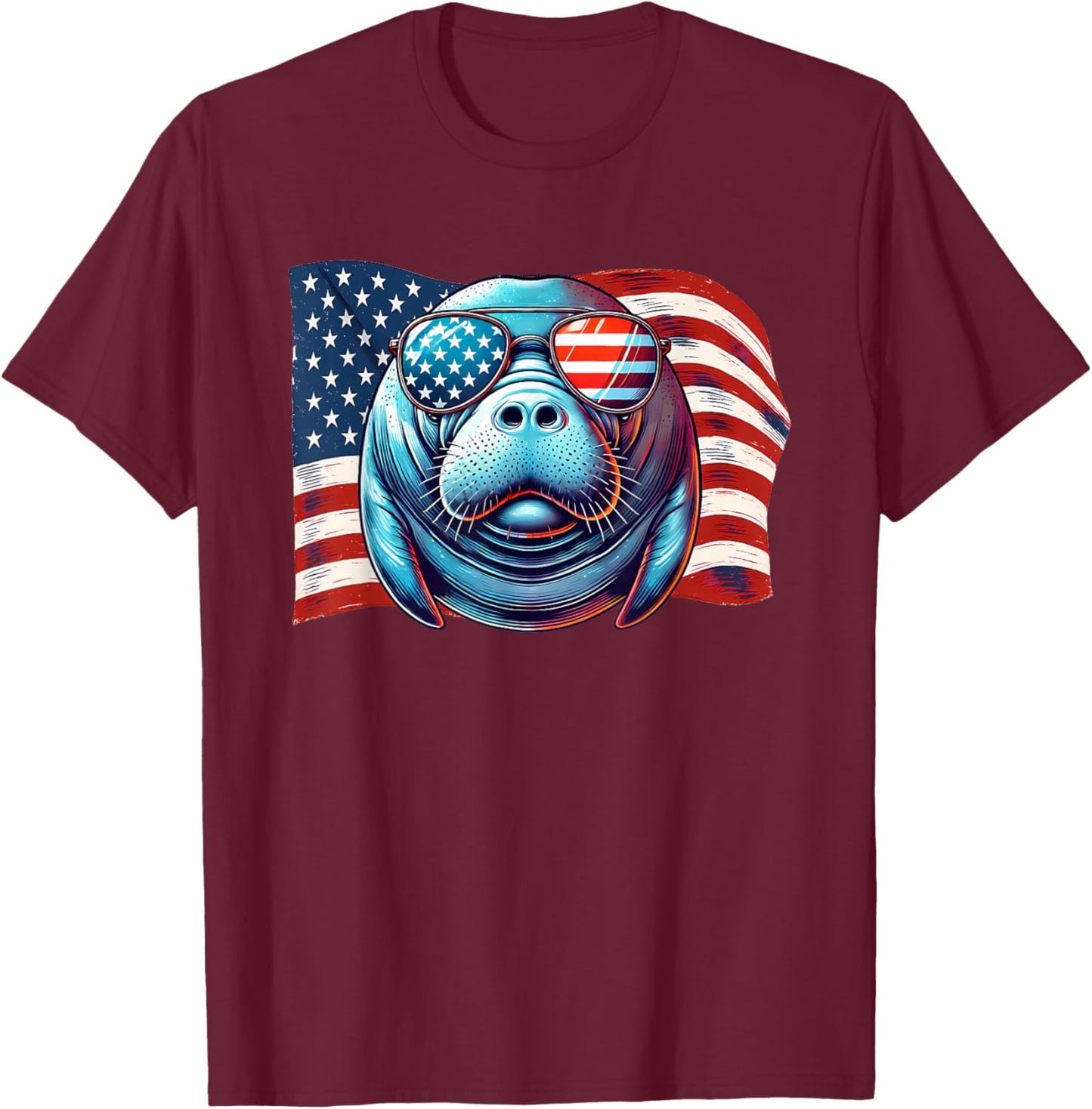 Manatee Sea Animals USA Flag Patriotic Sunglasses Americans T-Shirt - T-Shirt | Maroon