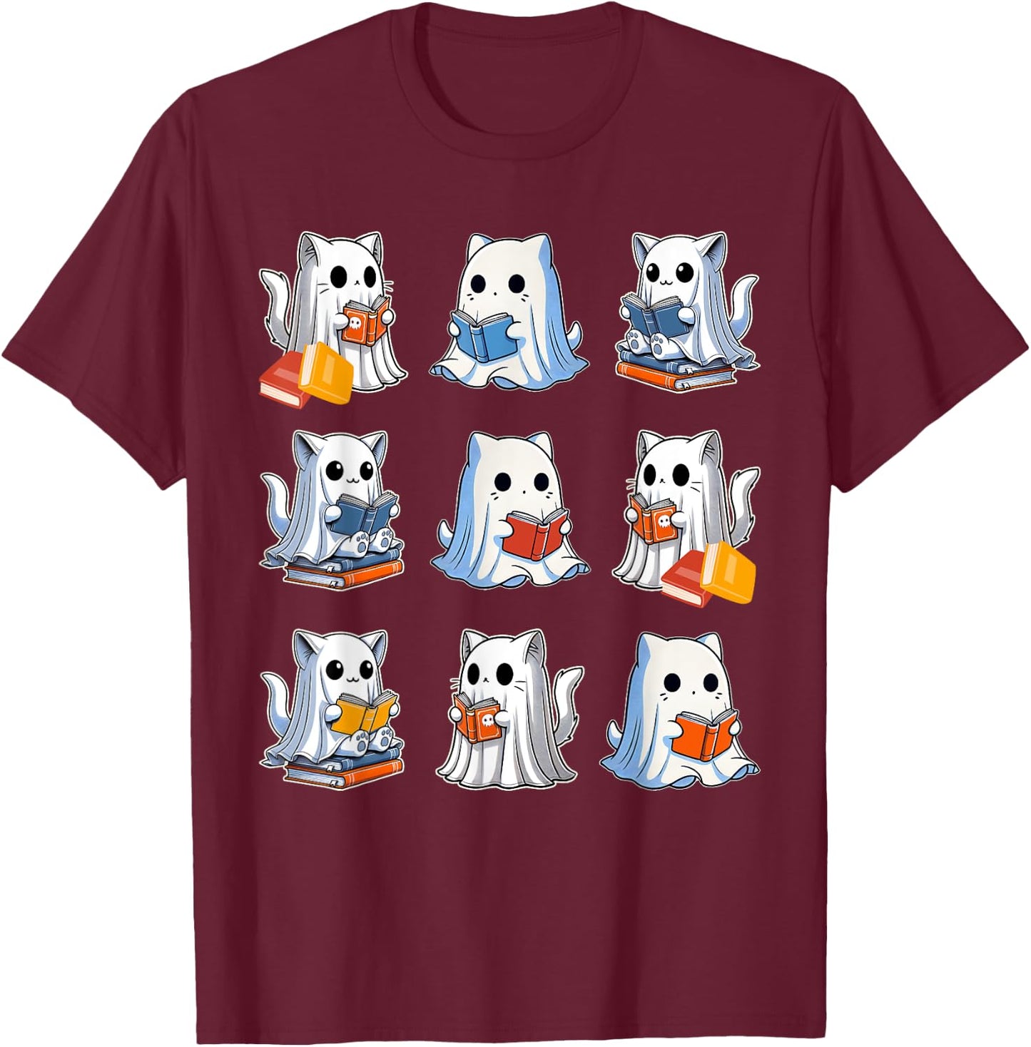Funny Cats Reading Halloween Cute Cats Ghosts Reading Books T-Shirt - T-Shirt | Maroon