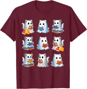 Funny Cats Reading Halloween Cute Cats Ghosts Reading Books T-Shirt - T-Shirt | Maroon