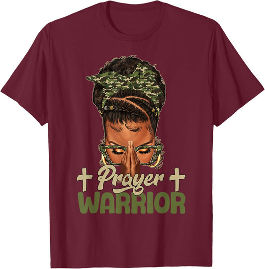 Sayings Prayer Warrior Black Woman Afro Christian Praying T-Shirt - T-Shirt | Maroon