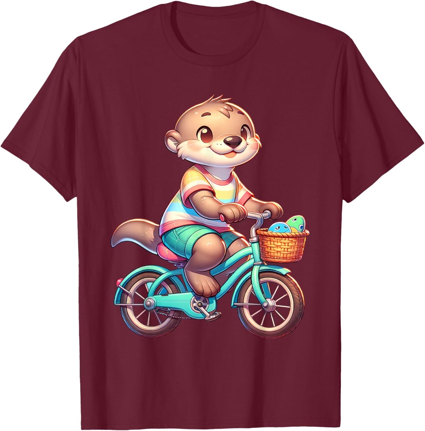 Cute Otter on Bicycle Cycling Animal Men Women Kids T-Shirt - T-Shirt | Maroon