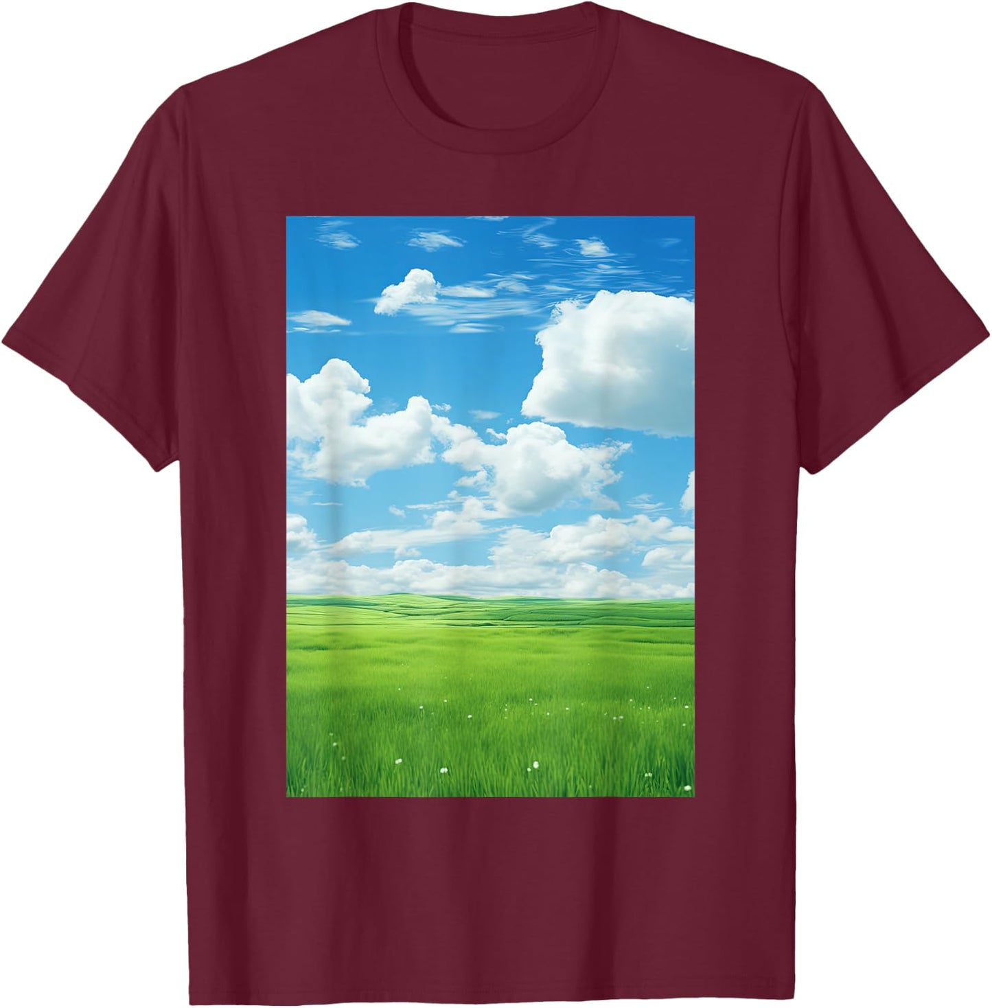 Frutiger Aero: Field Clouds Sky Is Blue T-Shirt - T-Shirt | Maroon