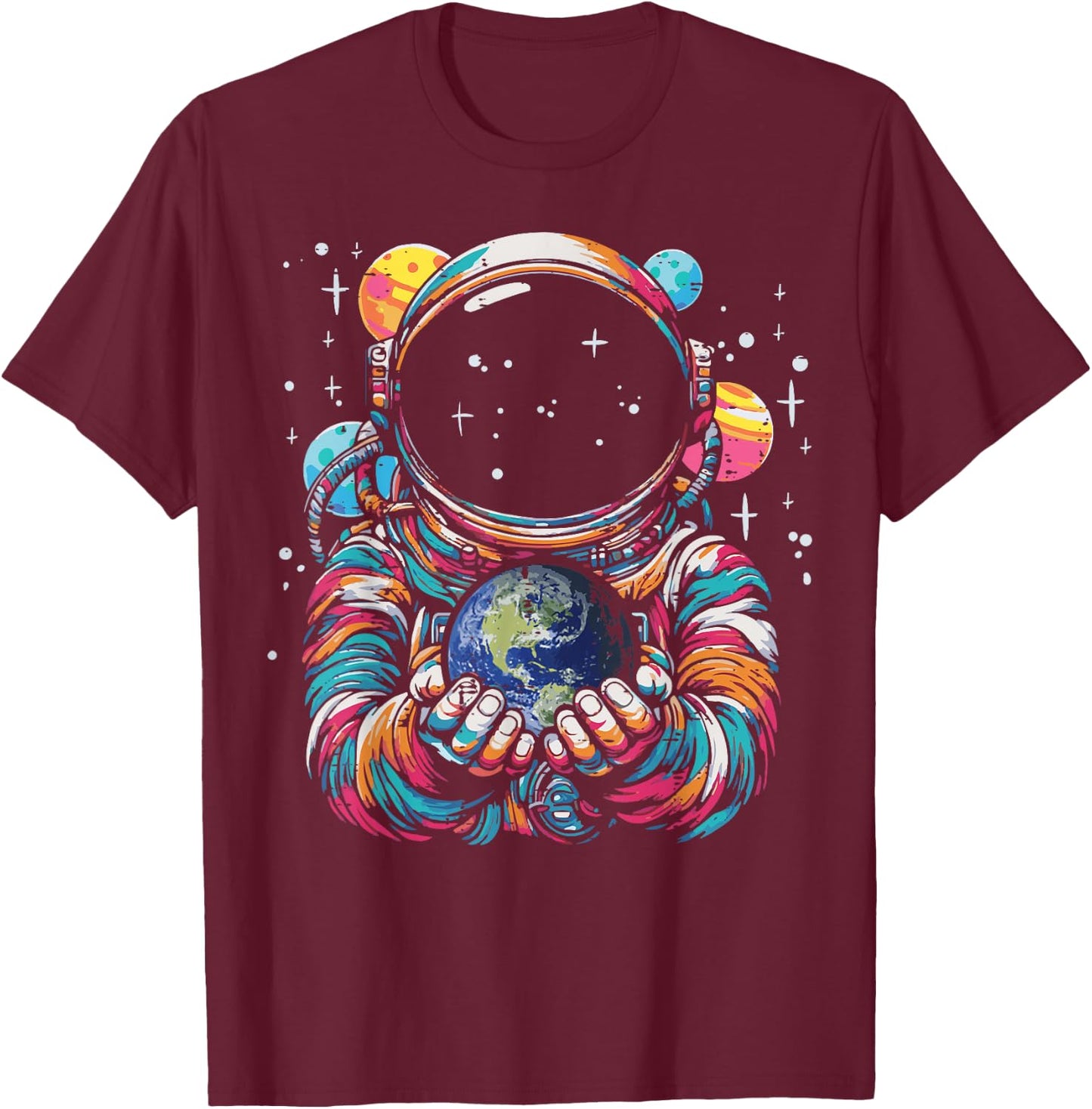 Astronaut Holding Earth Planet Space Galaxy Men Women Kids T-Shirt - T-Shirt | Maroon