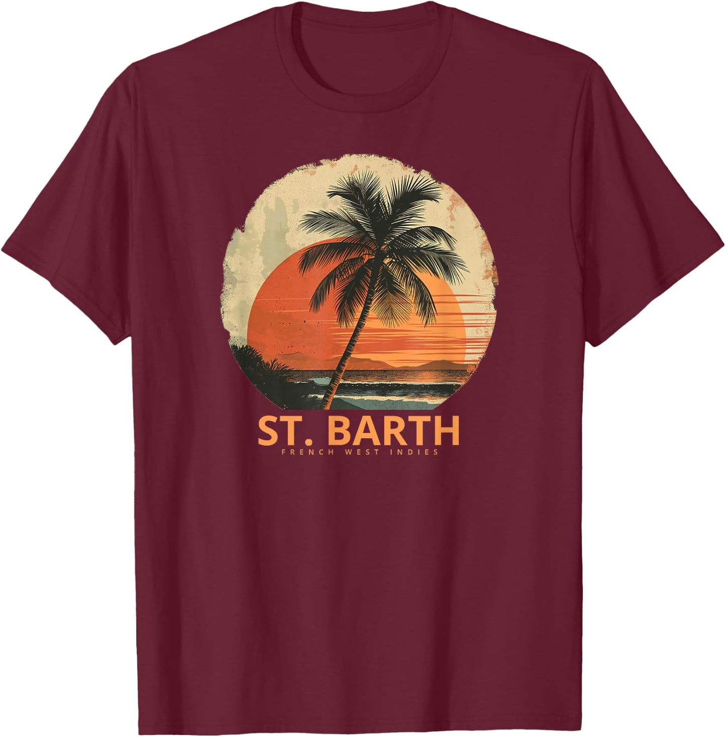 St Barts Caribbean Vintage St. Barths Ocean Palm Trees T-Shirt - T-Shirt | Maroon