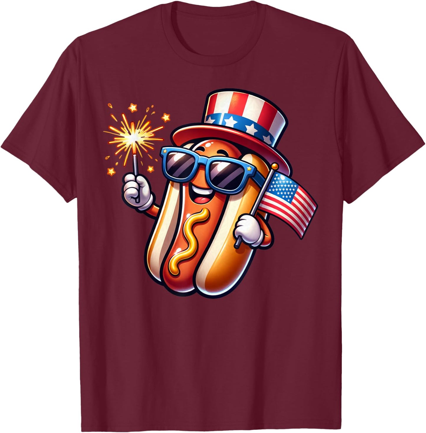4th of July Sparkler Hotdog Funny Patriotic Flag T-Shirt - T-Shirt | Maroon
