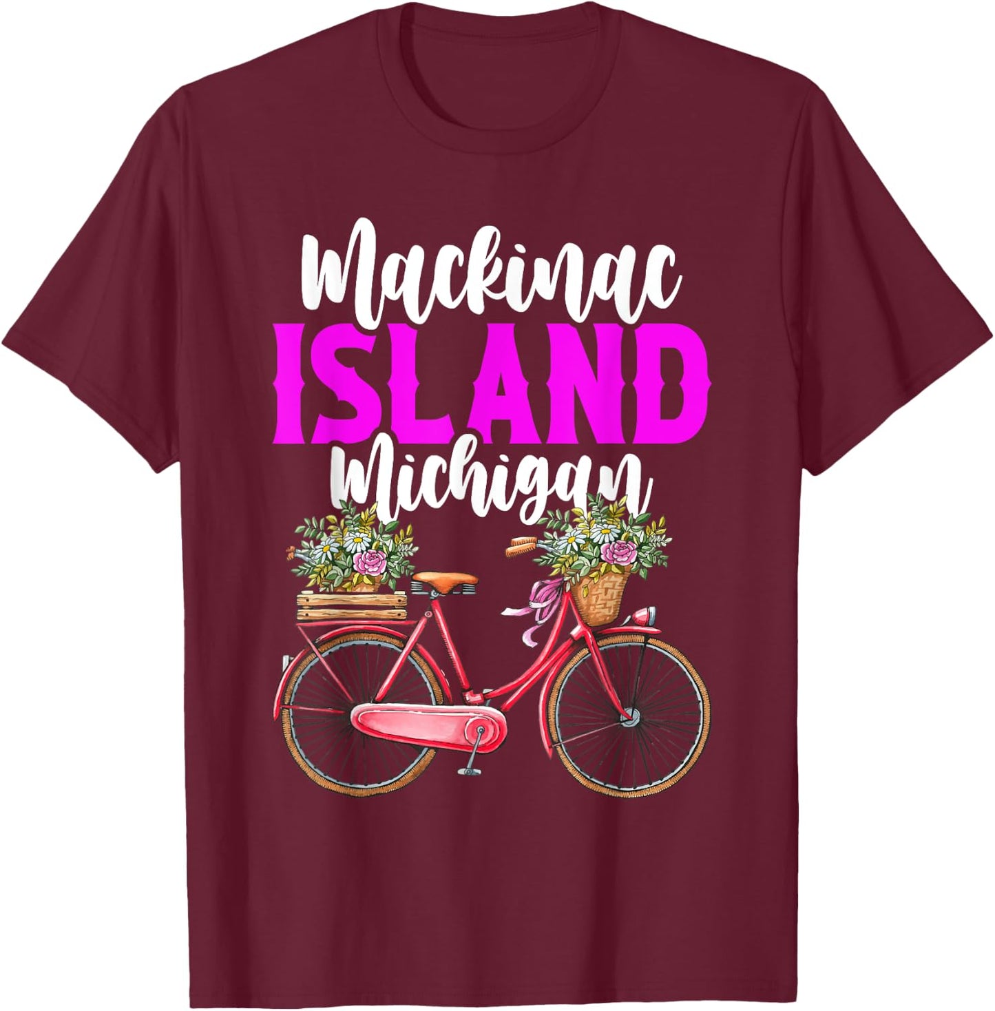 Mackinac Island Michigan Vintage Bike Flowers T-Shirt - T-Shirt | Maroon