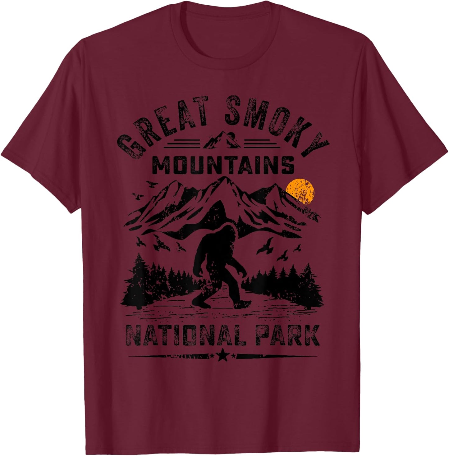 Great Smoky Mountains National Park Sunset Bigfoot Sasquatch T-Shirt - T-Shirt | Maroon