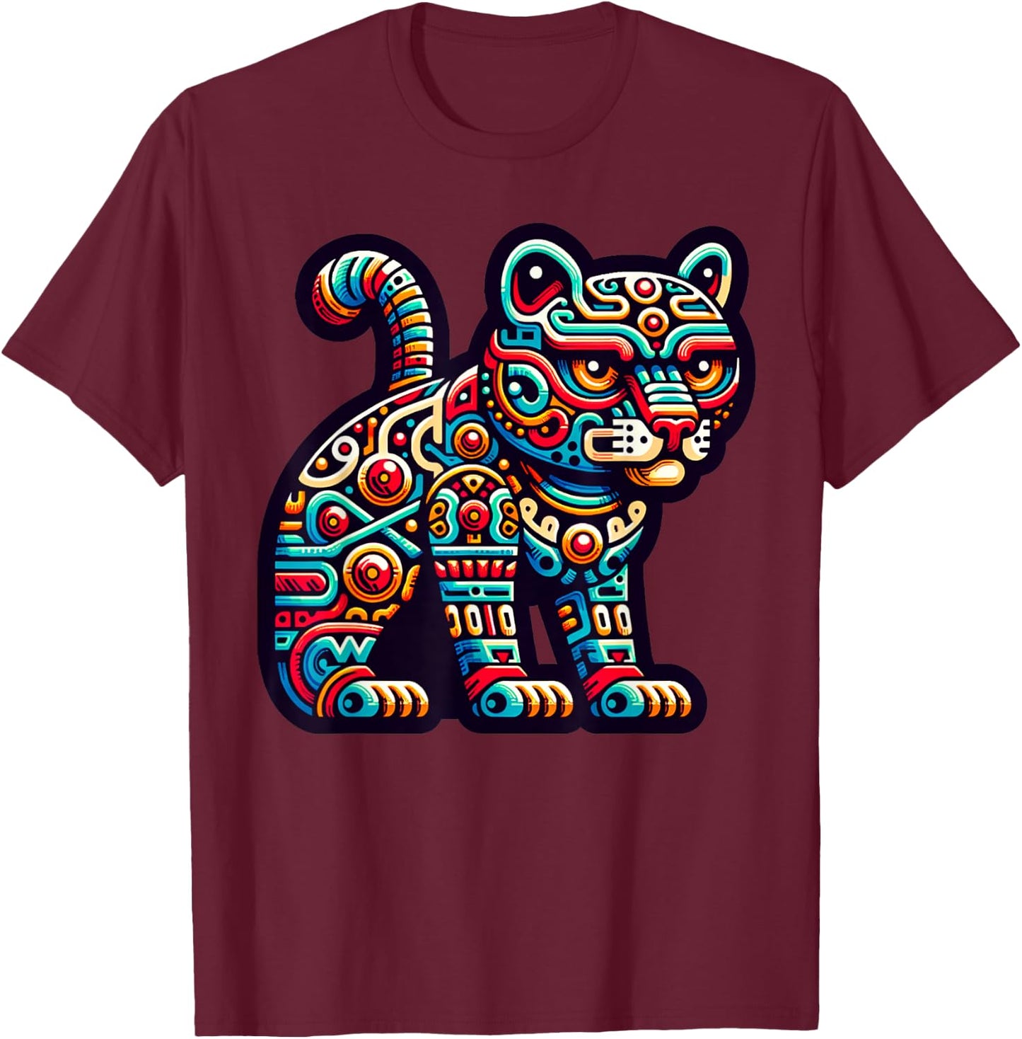 Aztec God Tezcatlipoca And Mayan Leopard Yucatan T-Shirt - T-Shirt | Maroon