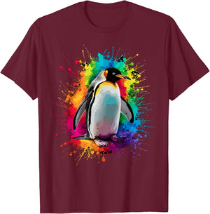 Colorful Paint Splash Penguin Animal Art Graphic T-Shirt - T-Shirt | Maroon