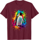 Colorful Paint Splash Penguin Animal Art Graphic T-Shirt - T-Shirt | Maroon
