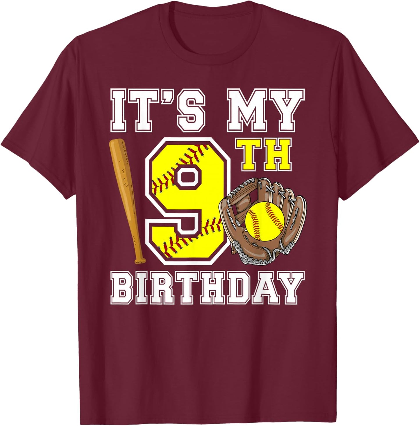9th Birthday Softball Girl 9 Year Old Softball Player T-Shirt - T-Shirt | Maroon