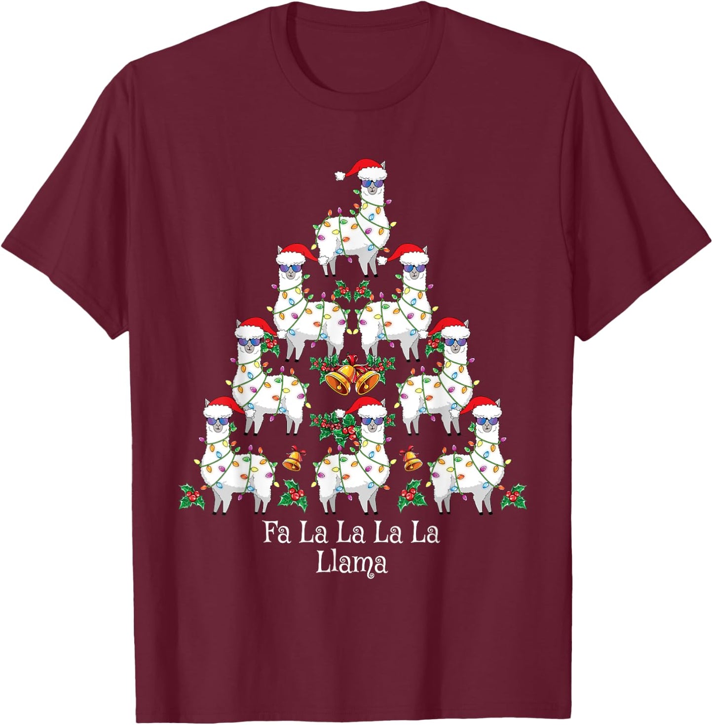 Fa La La Llama Kids Funny Christmas Tree Lights Llama Xmas T-Shirt - T-Shirt | Maroon