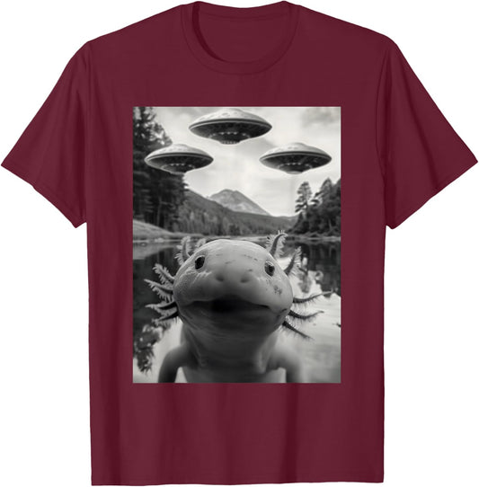 Funny Axolotl Selfie with UFOs Weird Axolotls amphibian T-Shirt - T-Shirt | Maroon