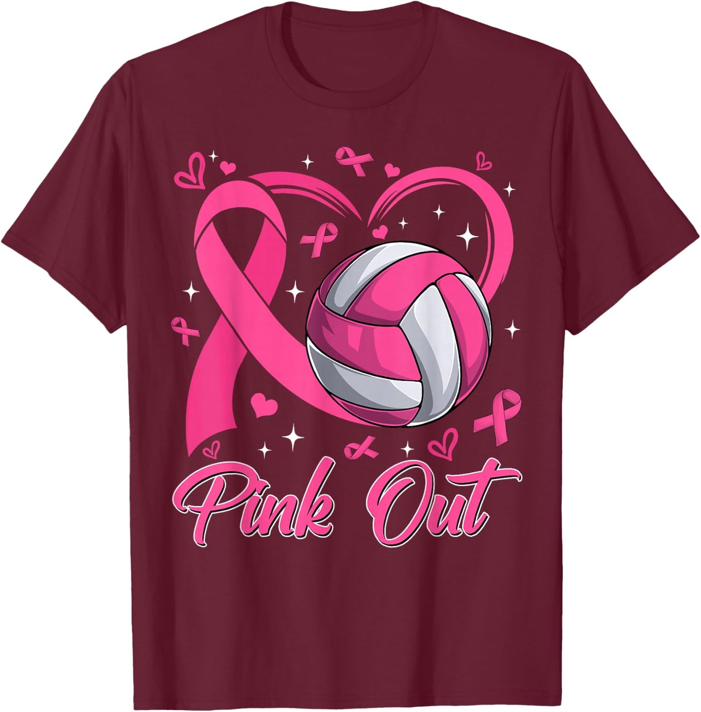 Pink Out Breast Cancer Awareness Day Volleyball Pink Ribbon T-Shirt - T-Shirt | Maroon