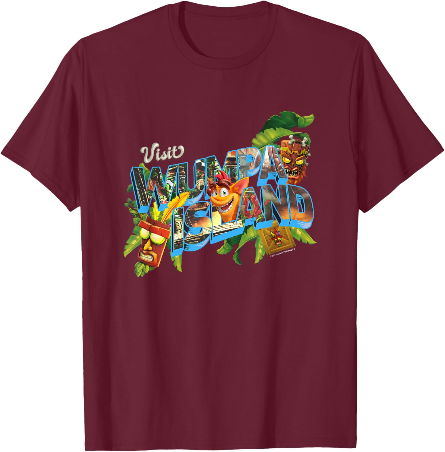 Crash Bandicoot Visit Wumpa Island Vacation Destination Logo T-Shirt - T-Shirt | Maroon