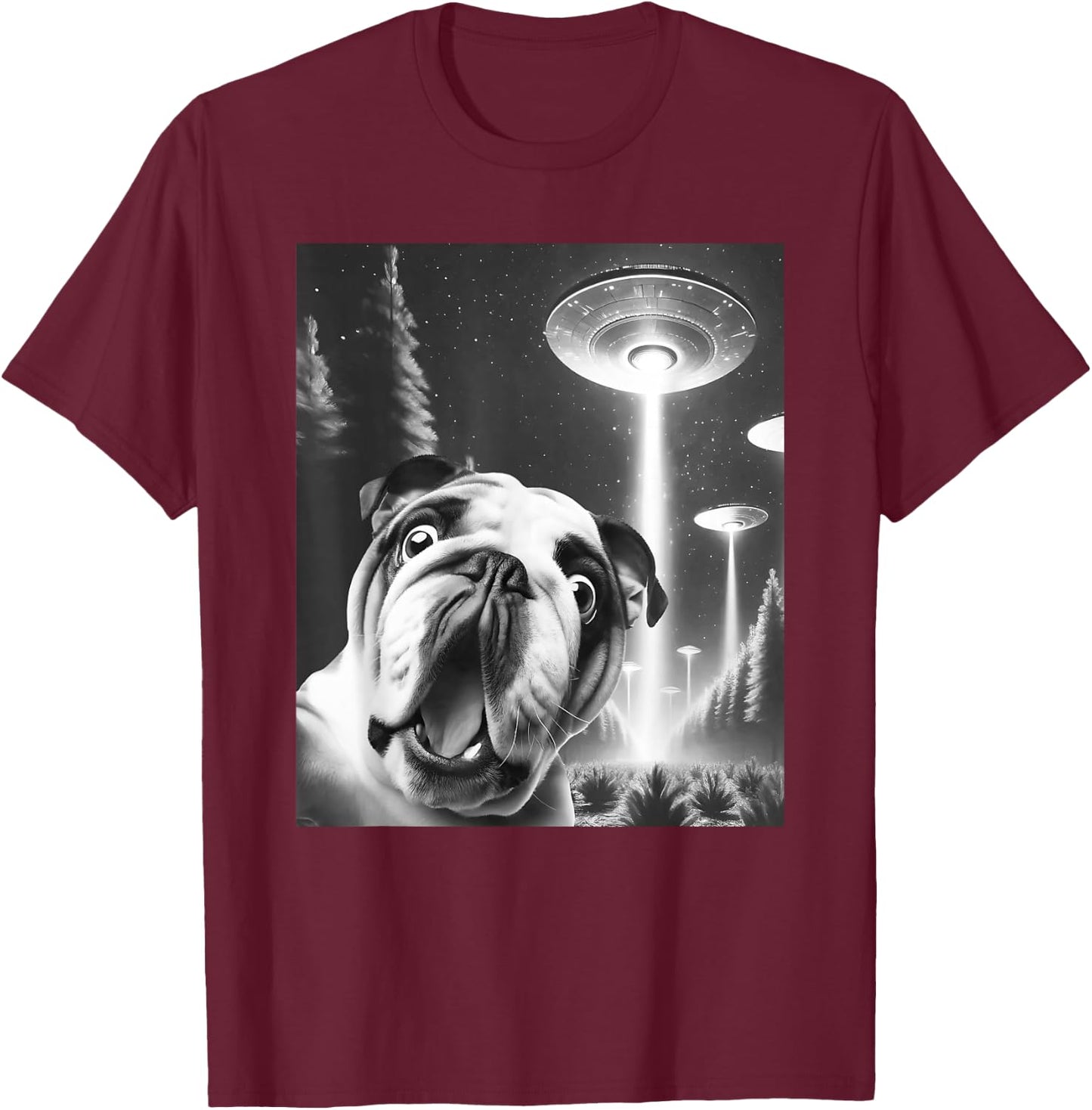 Funny English Bulldog Alien UFO Taking a Selfie Dog Mom Dad T-Shirt - T-Shirt | Maroon