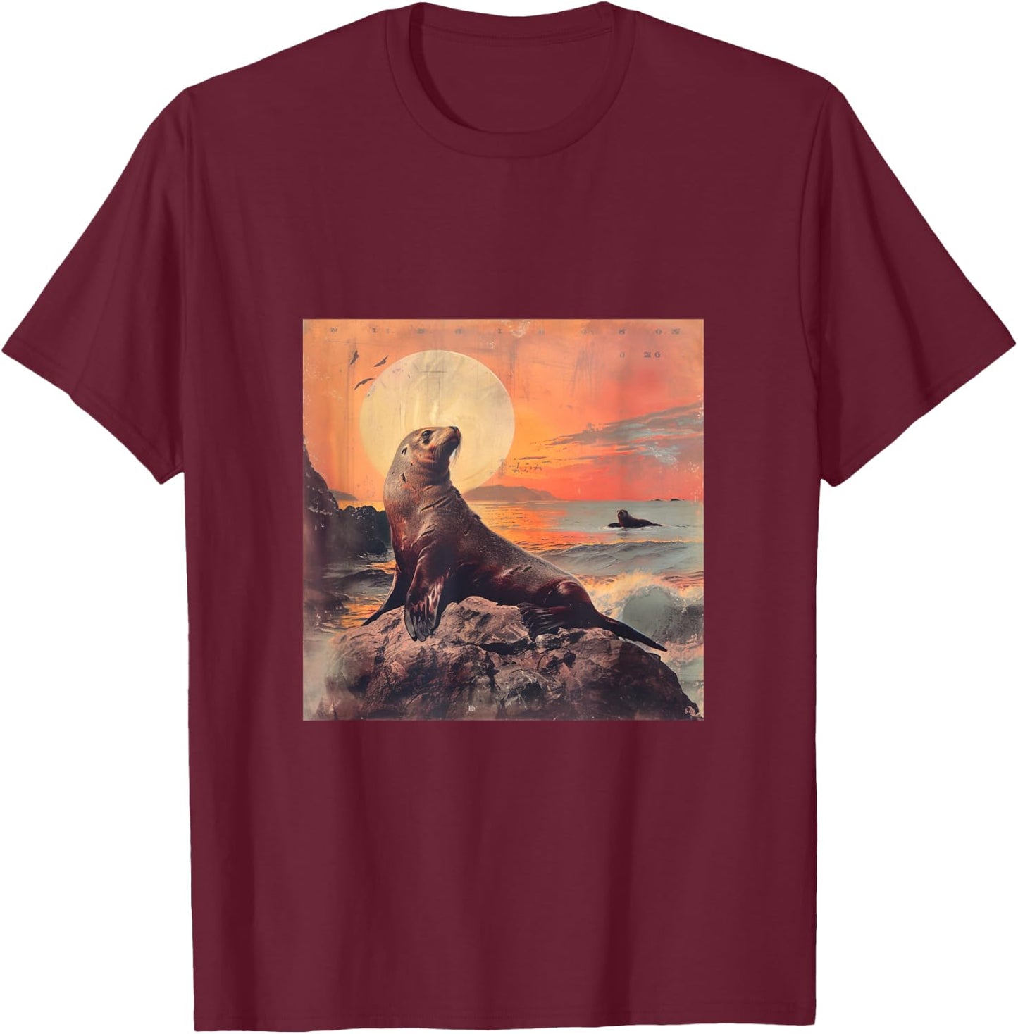 Vintage Sunset Sea Lion T-Shirt - T-Shirt | Maroon