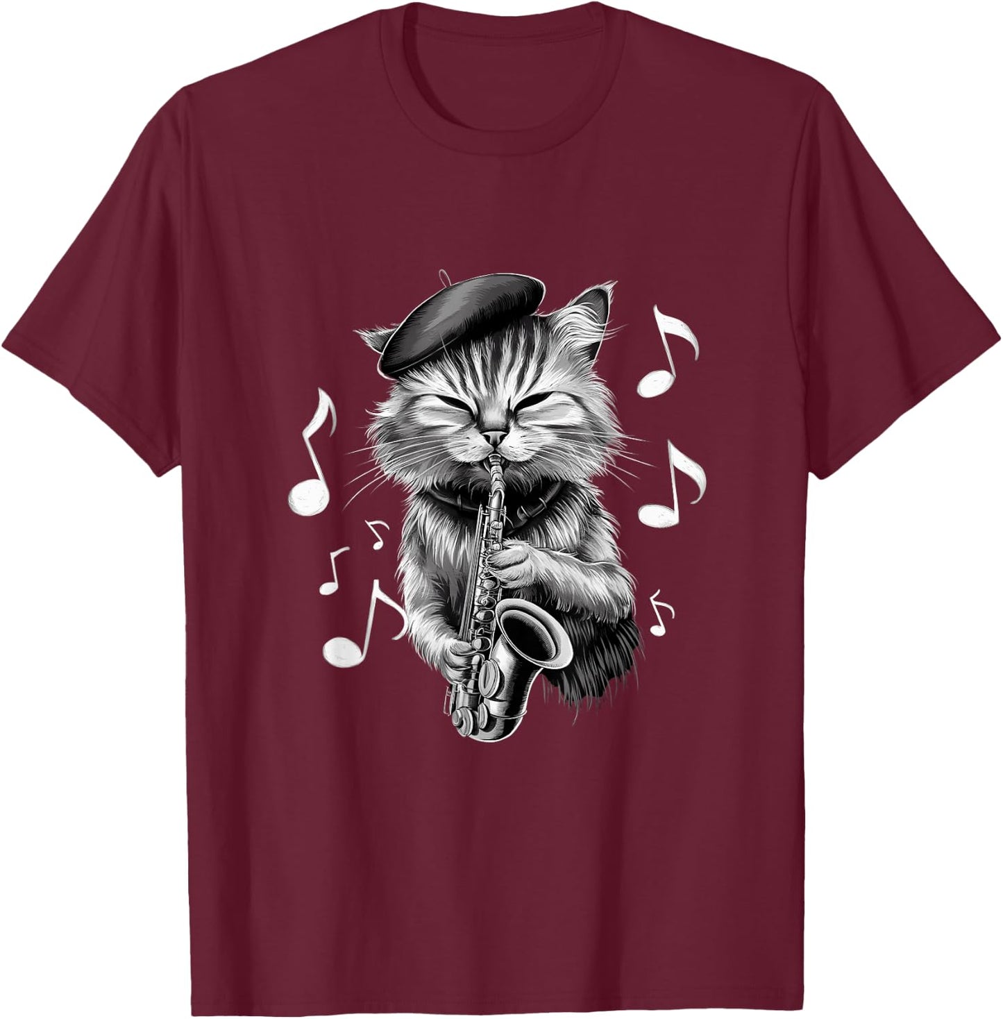Cool Jazz Cat Playing Saxophone Cartoon Art Women T-Shirt - T-Shirt | Maroon