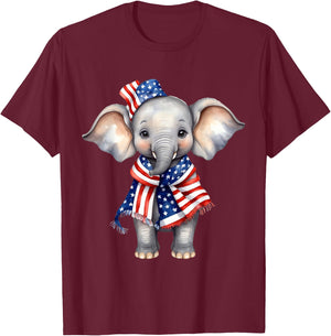 Elephant 4th of July American Flag Elephant Animal Patriotic T-Shirt - T-Shirt | Maroon