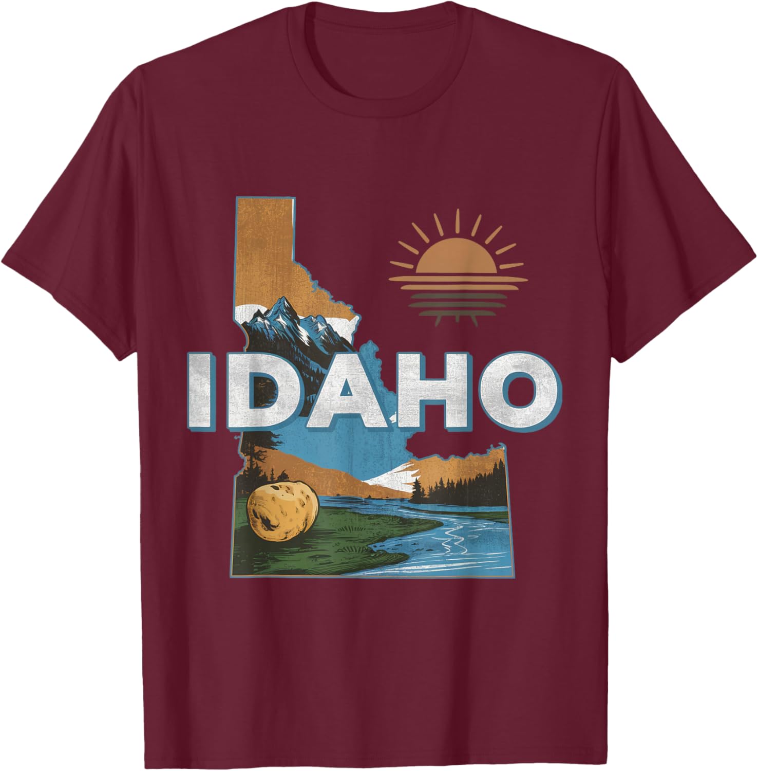 Idaho USA State Potato Mountains Scenic River Souvenir T-Shirt - T-Shirt | Maroon