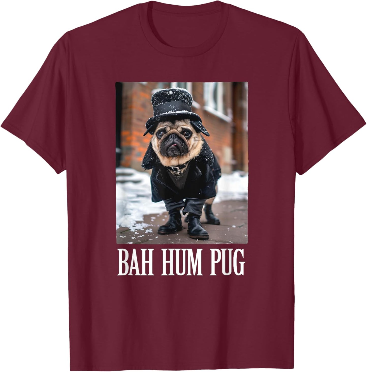 Funny Dog Bah Hum Pug Christmas Pet Holiday Photo Humbug Bug Men Women Girls Kids T-Shirt - T-Shirt | Maroon