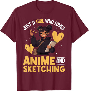 Just A Girl Who Loves Anime And Sketching Afro Anime Merch T-Shirt - T-Shirt | Maroon
