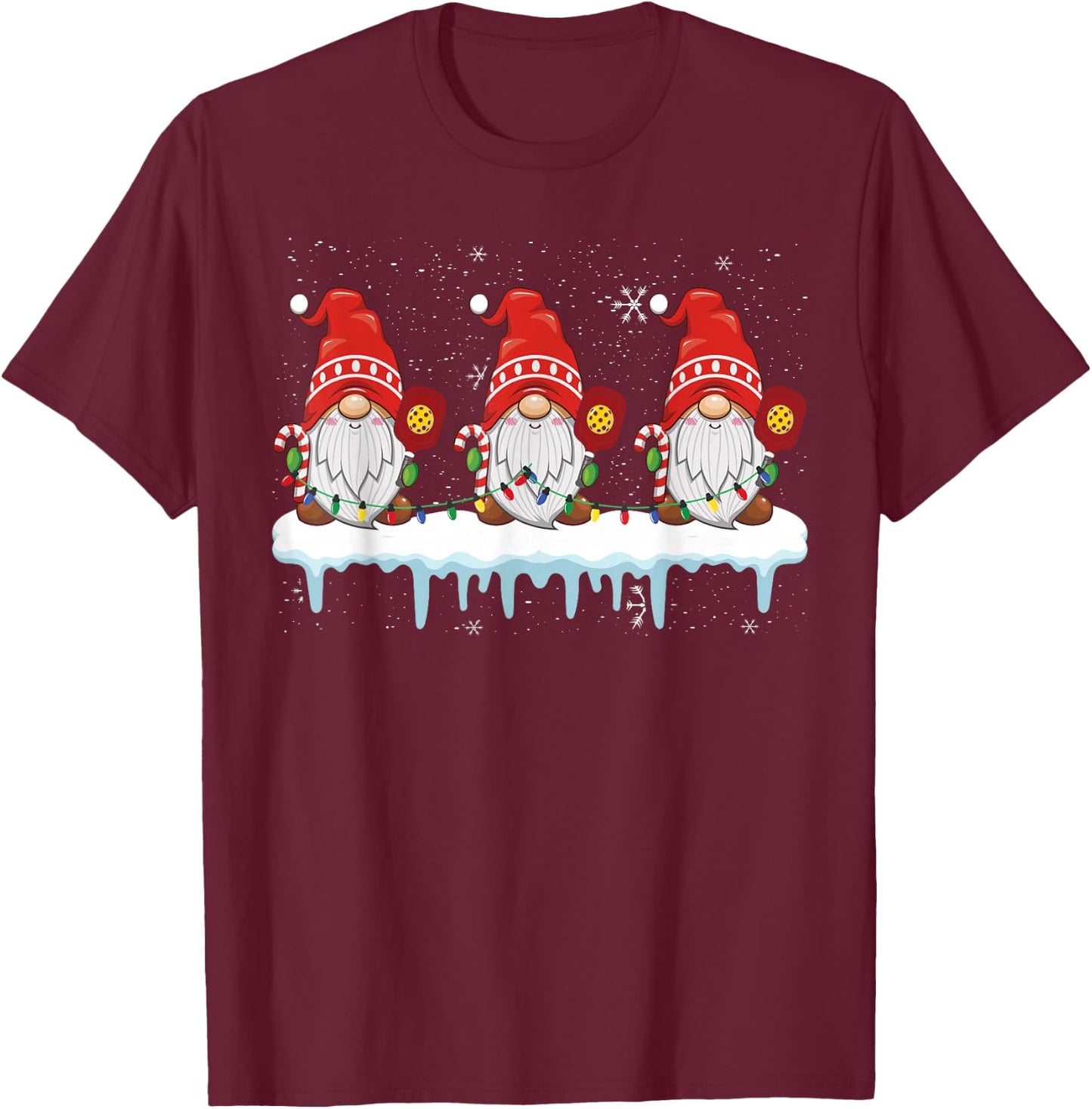 3 Christmas Gnome With Pickleball Christmas Lights T-Shirt - T-Shirt | Maroon