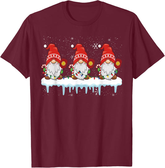 3 Christmas Gnome With Pickleball Christmas Lights T-Shirt - T-Shirt | Maroon