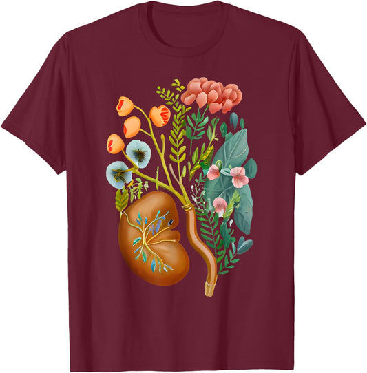 Floral Kidneys Anatomy Dialysis Nurse Kidney Surgery T-Shirt - T-Shirt | Maroon