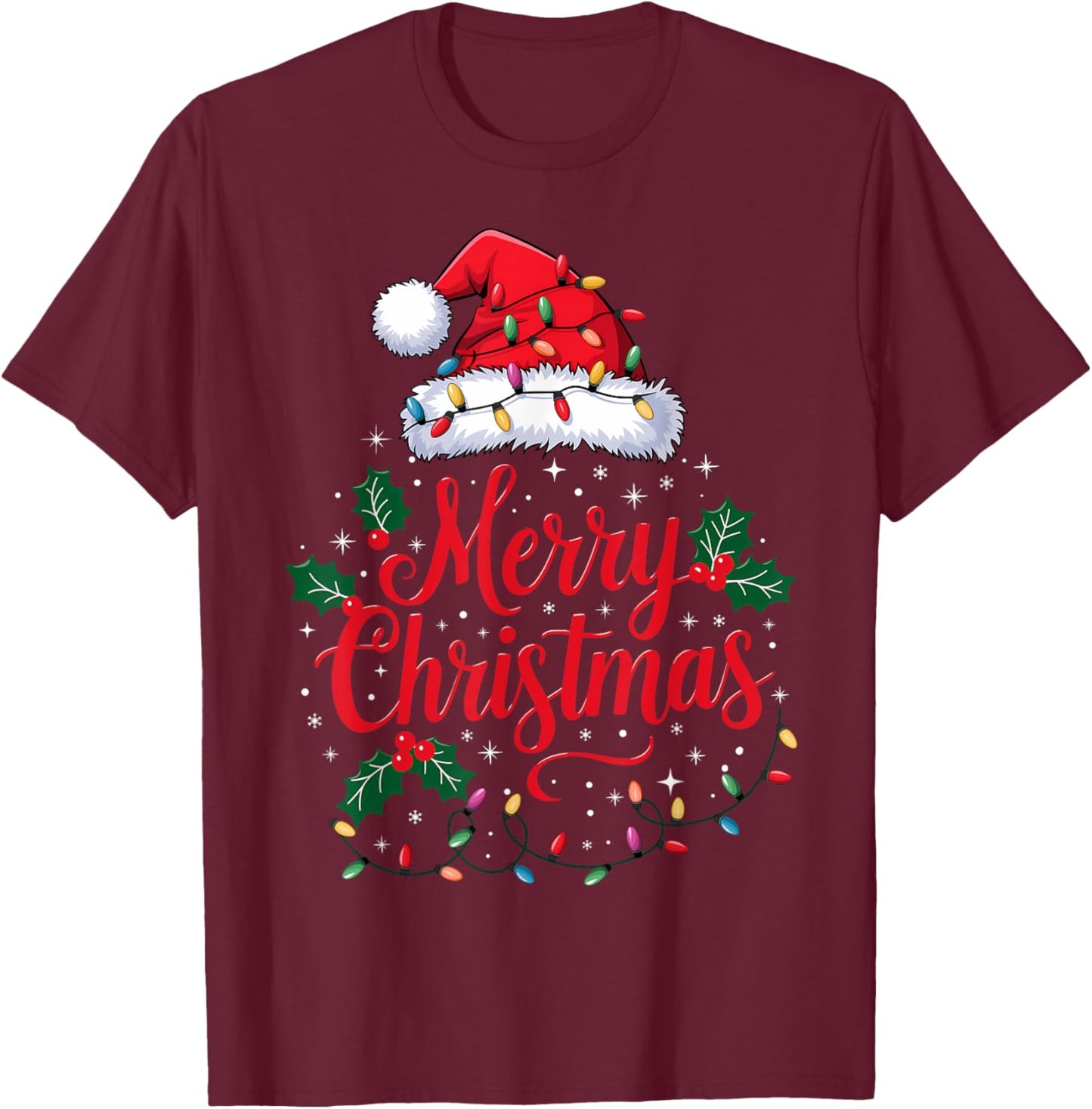 Merry Christmas Lights Red Santa Hat Xmas Family Men Women T-Shirt - T-Shirt | Maroon