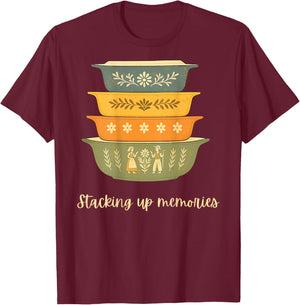 Stacking Up Memories Vintage Retro Bowls - On Back T-Shirt - T-Shirt | Maroon