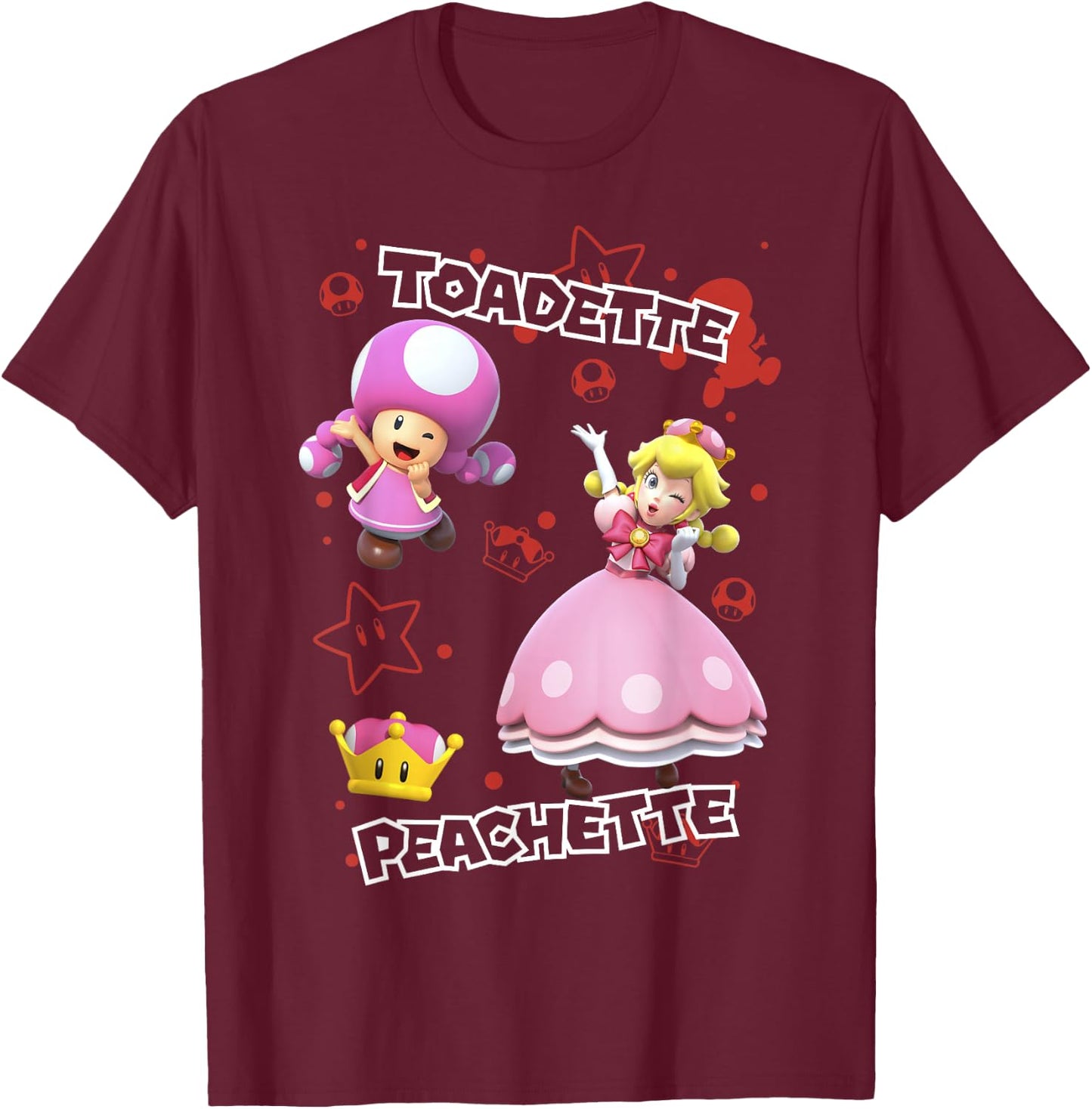 Super Mario Peachette And Toadette Symbol Collage Portrait T-Shirt - T-Shirt | Maroon