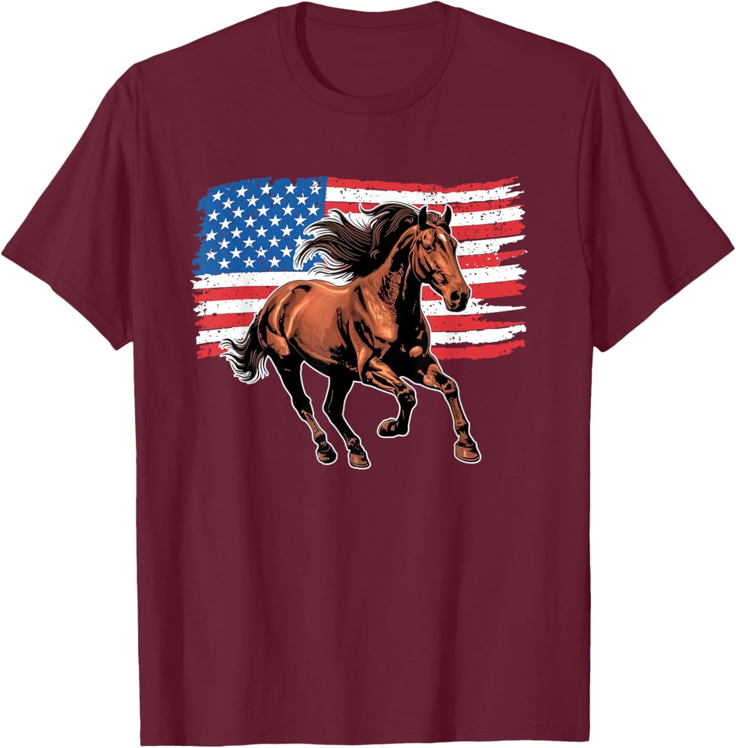 Horse American Flag 4th Of July Patriotic USA Western Horses T-Shirt - T-Shirt | Maroon