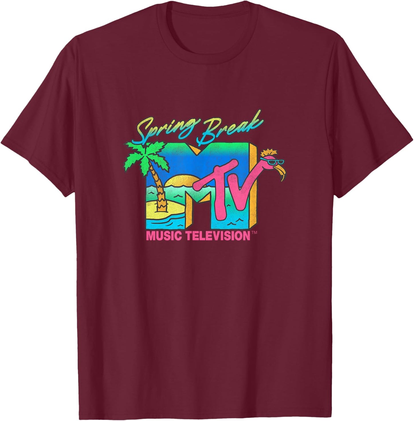 MTV Retro Spring Break Neon Flamingo Party Island Logo T-Shirt - T-Shirt | Maroon