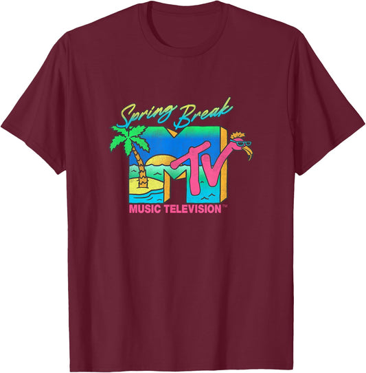 MTV Retro Spring Break Neon Flamingo Party Island Logo T-Shirt - T-Shirt | Maroon