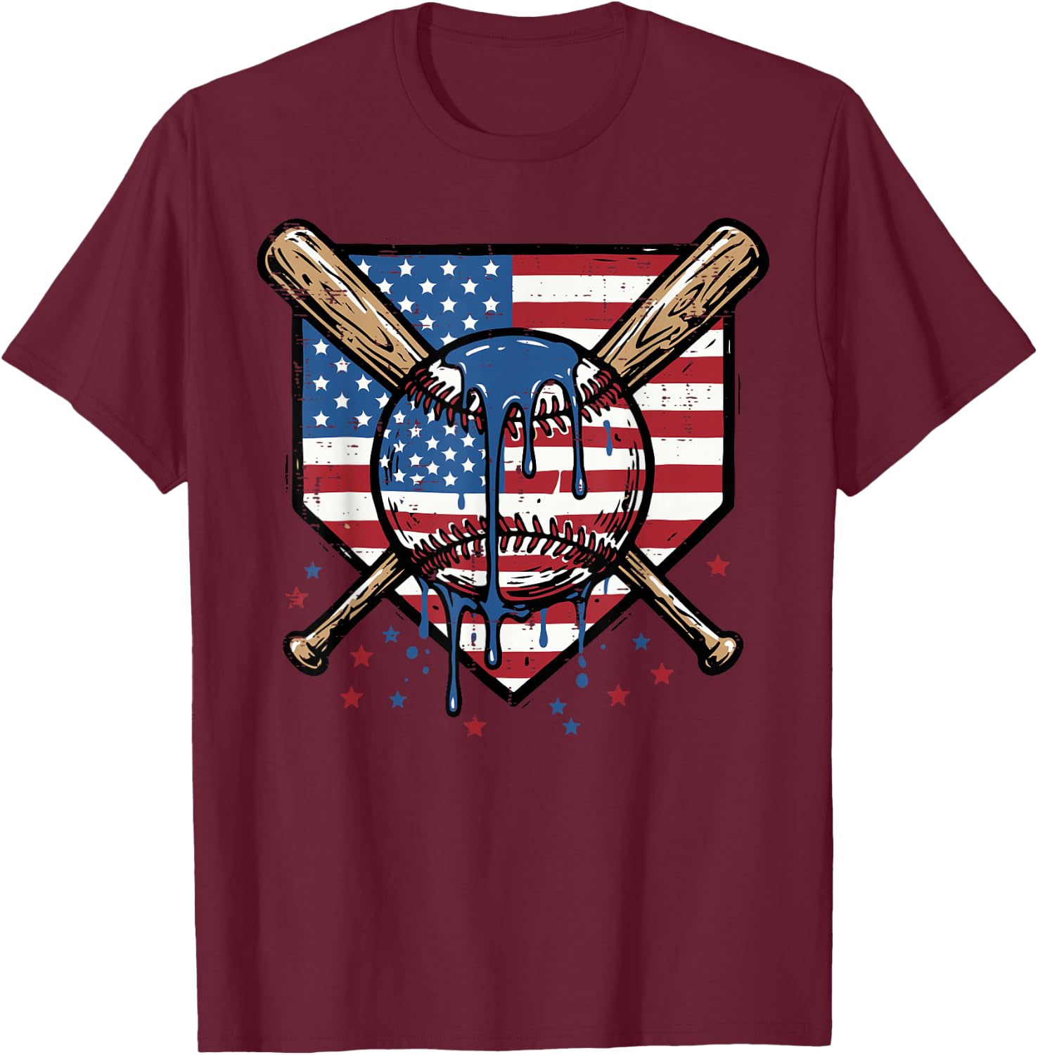 Baseball Ball Bats Homeplate Flag 4th of July Men Boys Kids T-Shirt - T-Shirt | Maroon