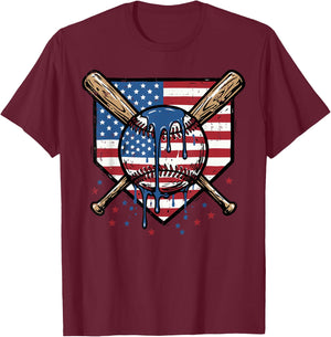 Baseball Ball Bats Homeplate Flag 4th of July Men Boys Kids T-Shirt - T-Shirt | Maroon