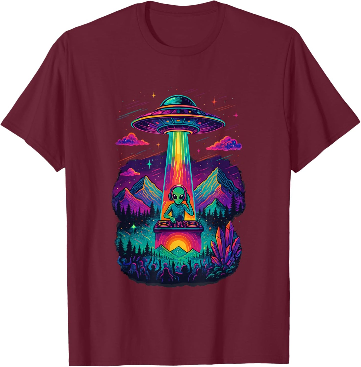 EDM Alien DJ Rave Party UFO House Techno Music T-Shirt - T-Shirt | Maroon