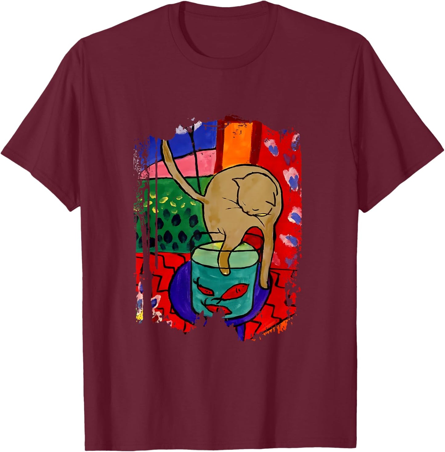 Cat With Red Fish Matisse Inspiration Art In Style T-Shirt - T-Shirt | Maroon