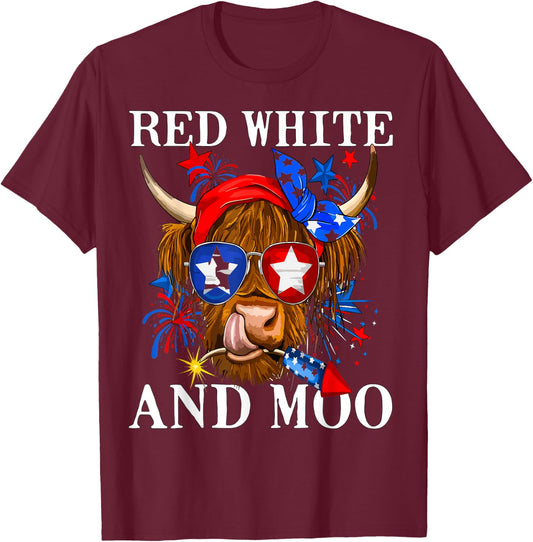 Red White and Moo Patriotic Cow USA Flag Funny 4th of July T-Shirt - T-Shirt | Maroon