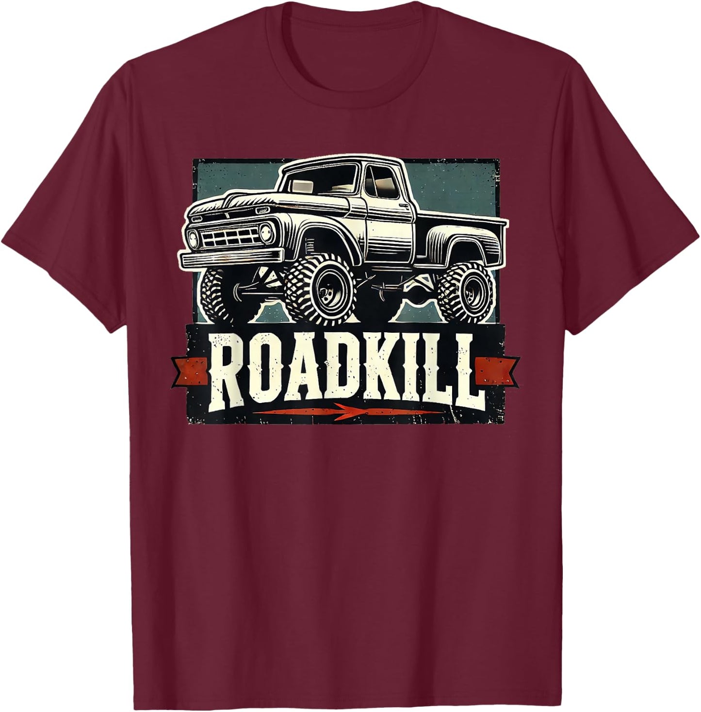 Motortrend Vintage Muscle Roadkill Pickup in Action - Black, -Adults, Short Sleeve, Letter Print, Modern, Vehicle Theme T-Shirt - T-Shirt | Maroon