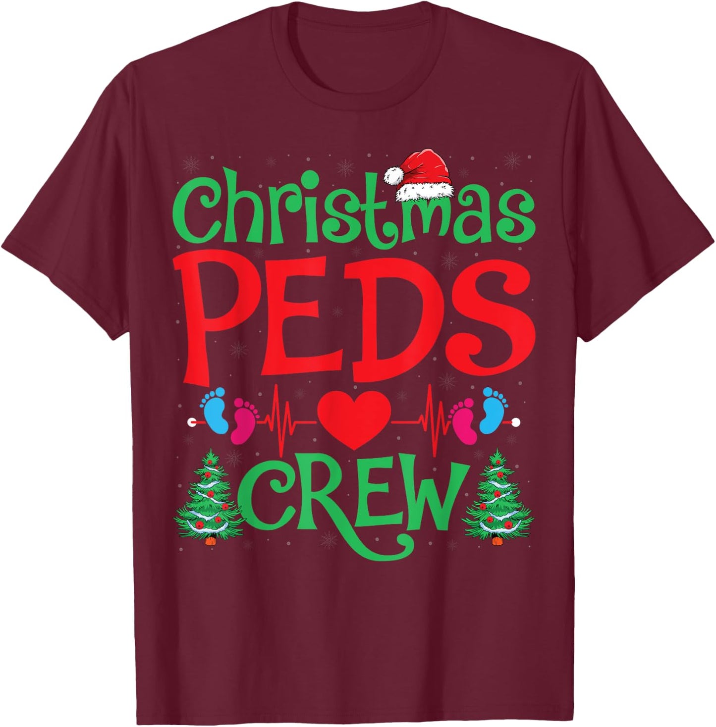 Christmas PEDS Crew Santa Hat Xmas Tree Pediatric Nurse T-Shirt - T-Shirt | Maroon