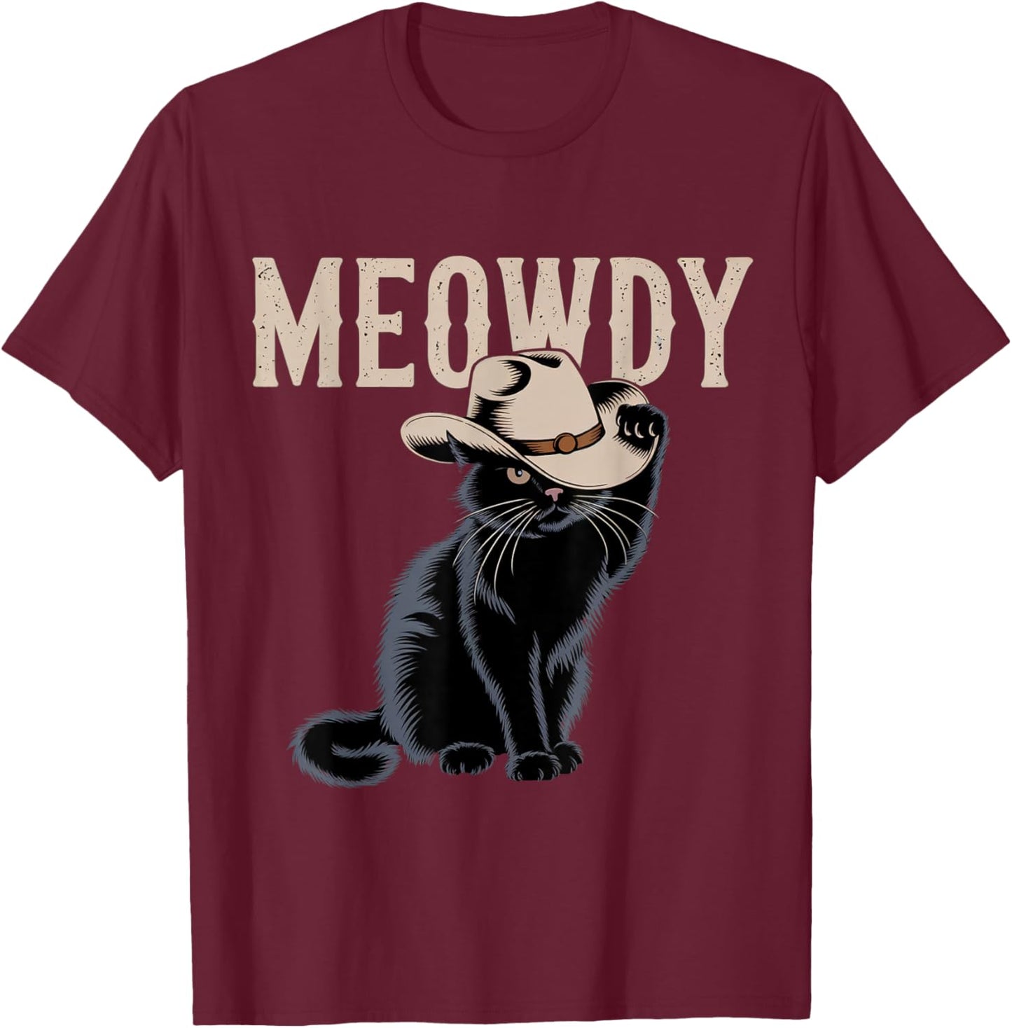 Funny Meowdy Country Music Cat Cowboy Hat Vintage T-Shirt - T-Shirt | Maroon