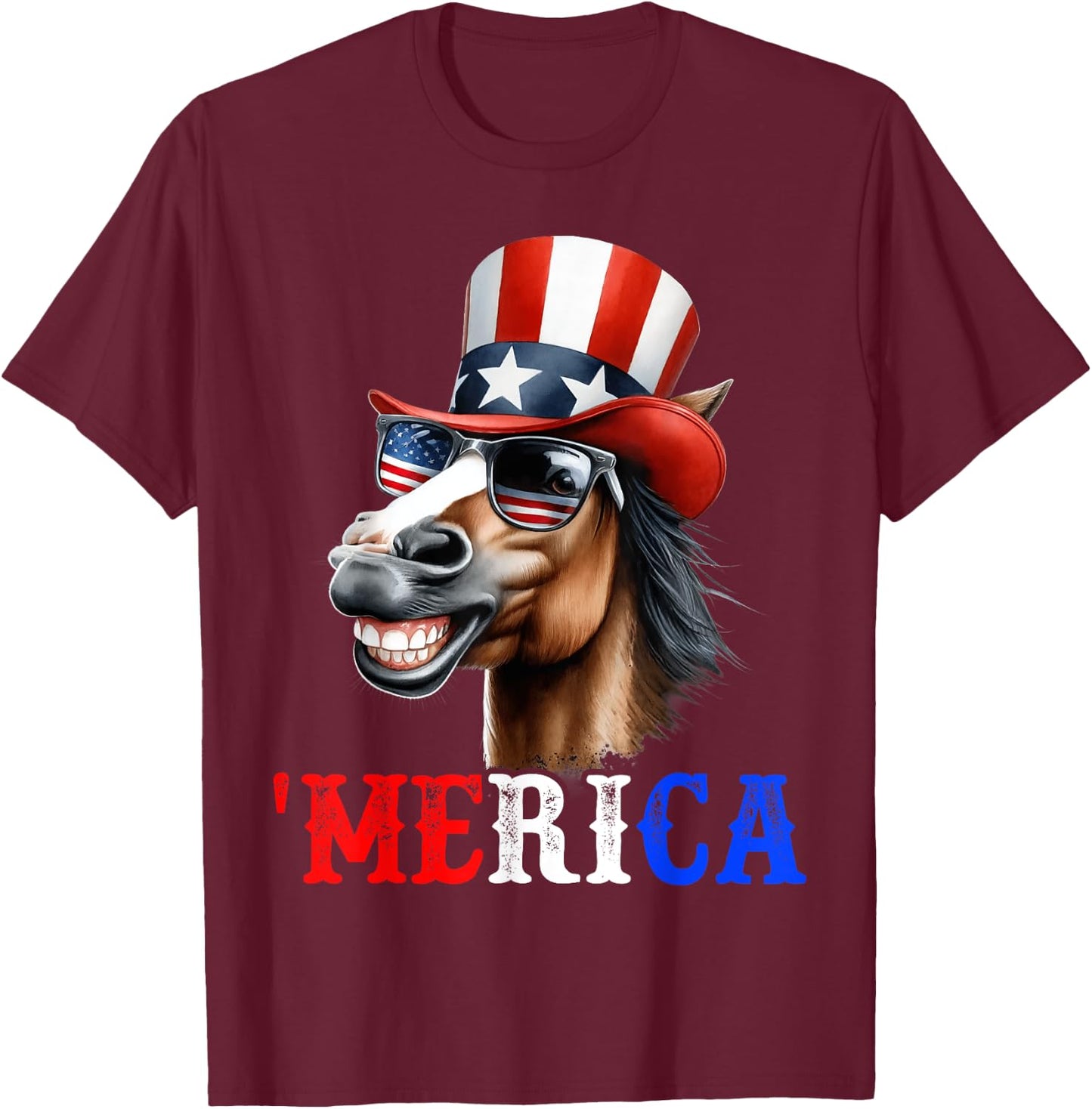 Merica Horse Patriotic 4th of July Funny Kids Men Women T-Shirt - T-Shirt | Maroon