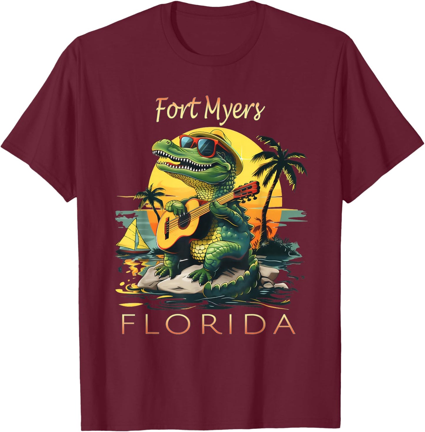 Fort Myers Florida Vacation Cute Alligator Sunset Souvenir T-Shirt - T-Shirt | Maroon