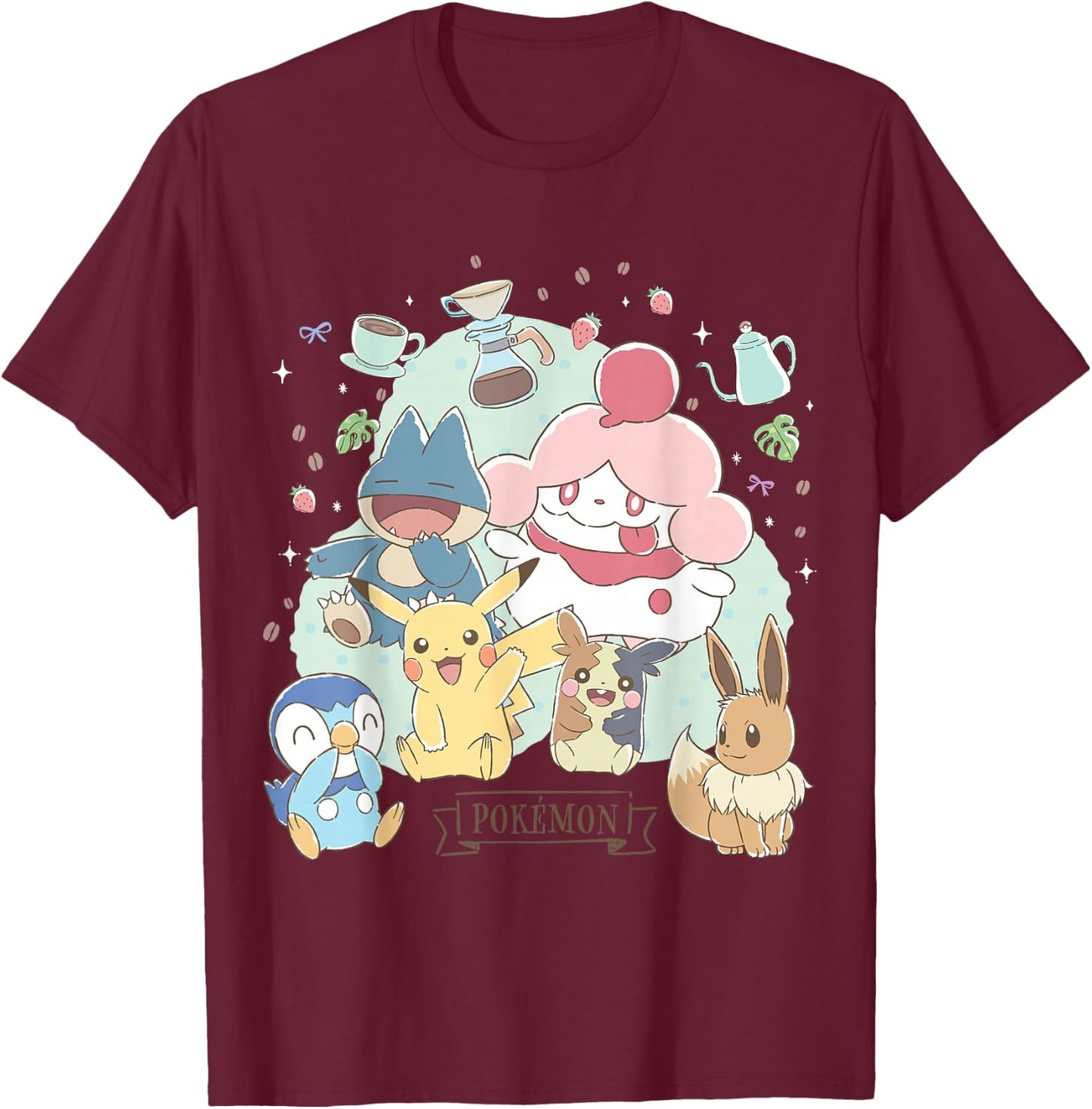 Pokémon - Cafe Pika Eevee Piplup Munchlax Morpeko Slurpuff T-Shirt - T-Shirt | Maroon
