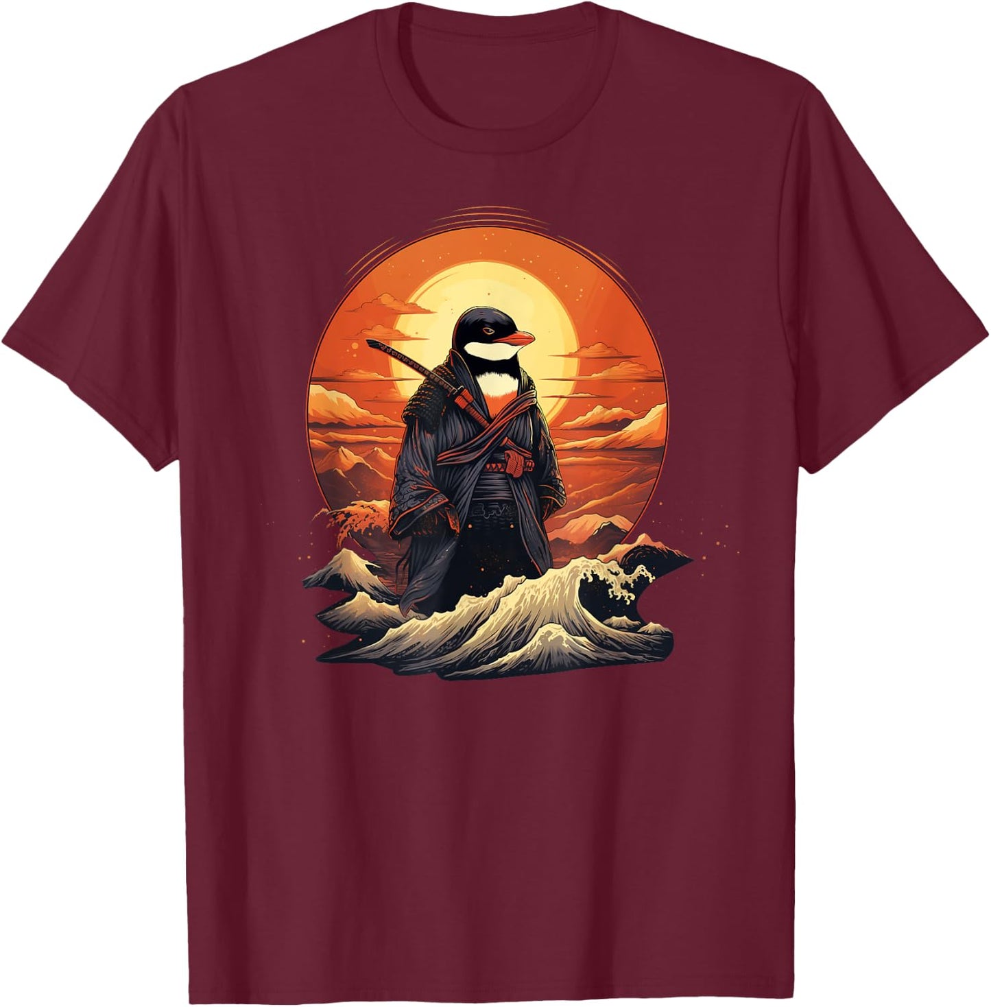 Vintage samurai Penguin on Japanese ninja art Penguin T-Shirt - T-Shirt | Maroon