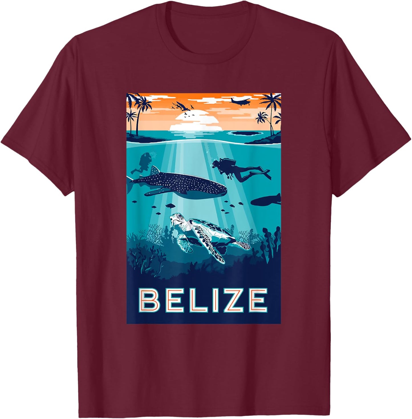Belize Snorkeling Whale Shark Sea Turtle Caribbean Souvenir T-Shirt - T-Shirt | Maroon